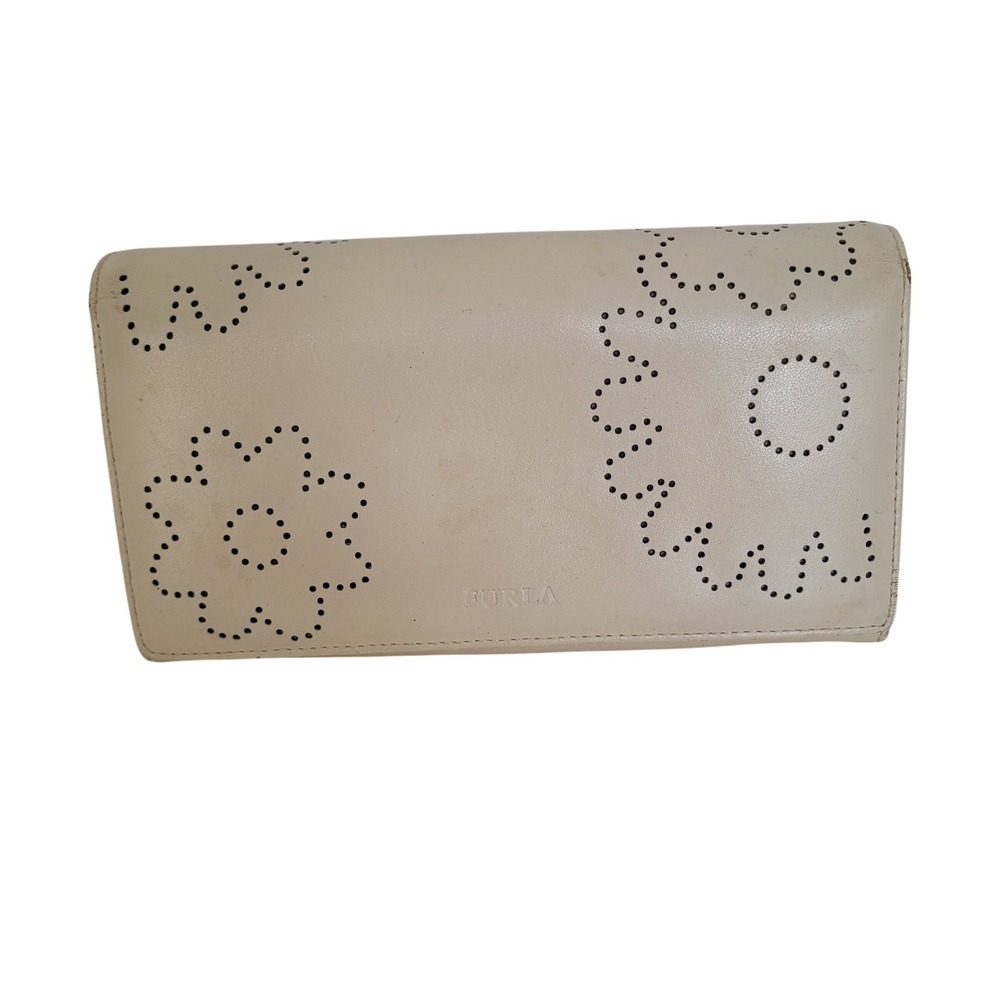 Furla Cream Leather Perforated Floral Long Continental Wallet Card Holder